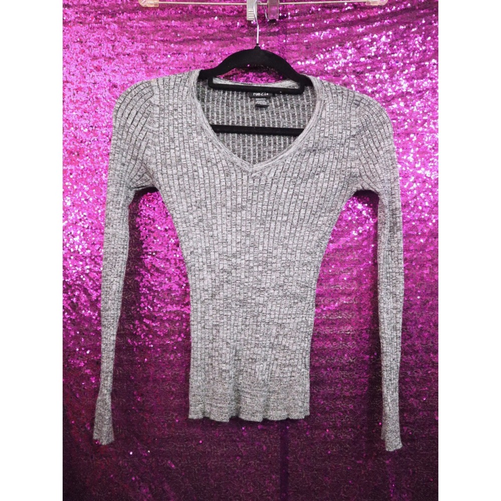 Grey Ribbed V-Neck Top XS Rue21 Womens Marled Long Sleeve Sweater